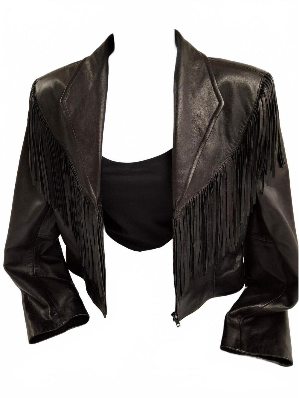 VTG Cripple Creek Black Leather Fringe Cropped Jacket M Western Y2K Boho